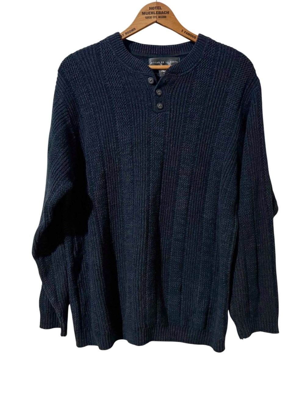 Oscar de la Renta Men's Dark Navy Ribbed Henley Sweater